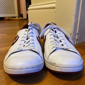 White Leather Converse With Maroon Detailing